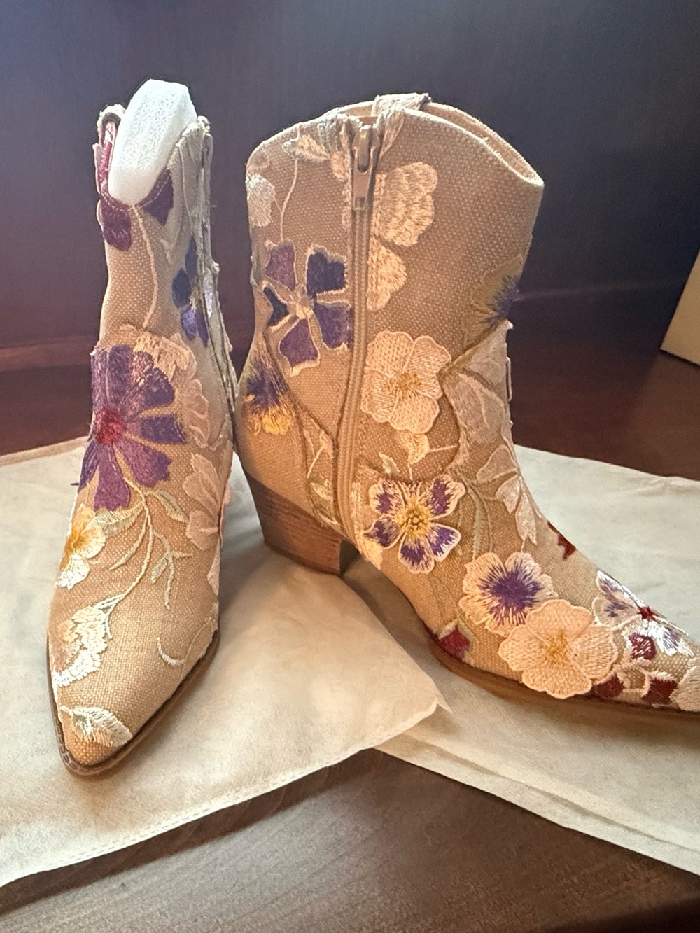 Floral Embroidered Beige Women's Ankle Boots